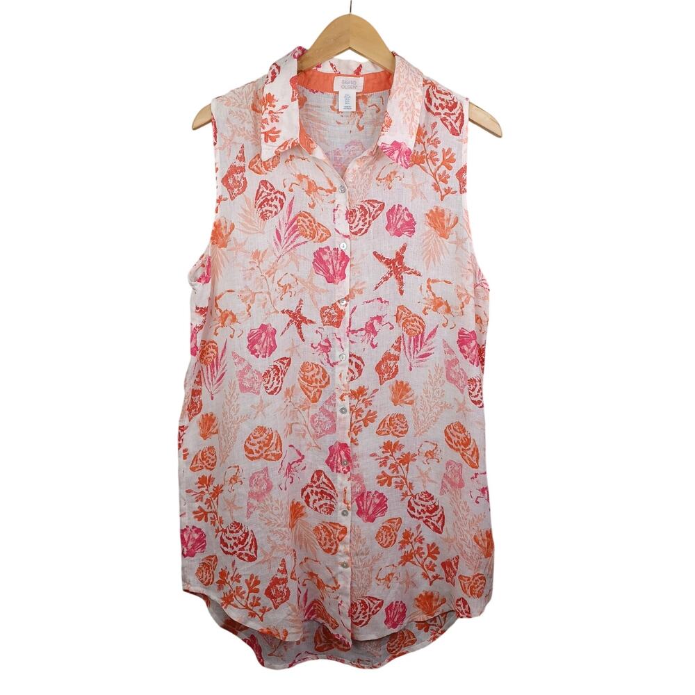 Sigrid Olsen Women Linen Button Up Shirt Dress L White Coral Shell Beach Coastal